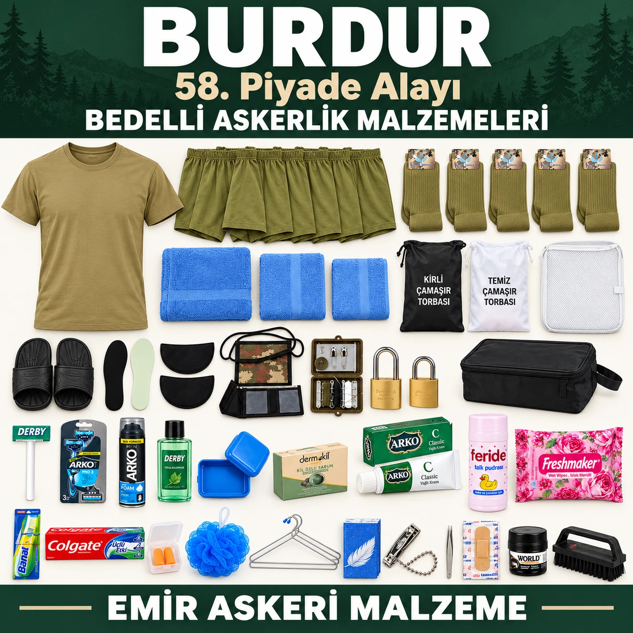 Burdur — 58. Piyade Alayı için iç giyim, havlu, terlik, tabanlık, kilit ve bakım ürünleri