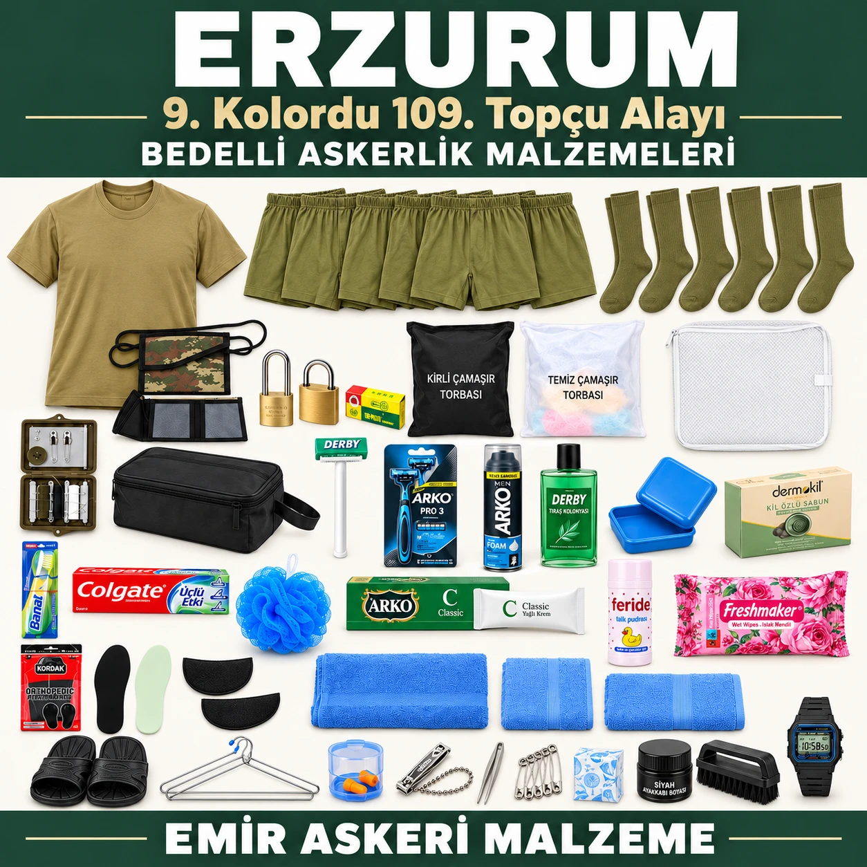 Erzurum — 9. Kolordu 109. Topçu Alayı için iç giyim, havlu, terlik, tabanlık, kilit ve bakım ürünleri