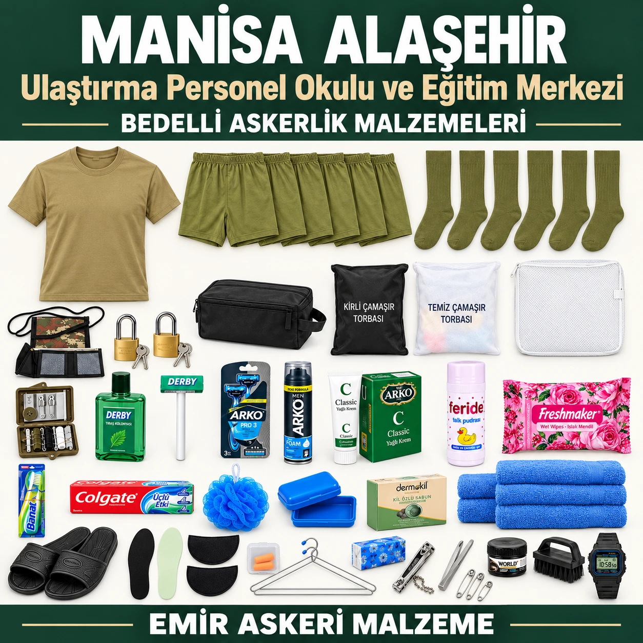 Manisa Alaşehir — Ulaştırma Personel Okulu ve Eğitim Merkezi için iç giyim, havlu, terlik, tabanlık, kilit ve bakım ürünleri