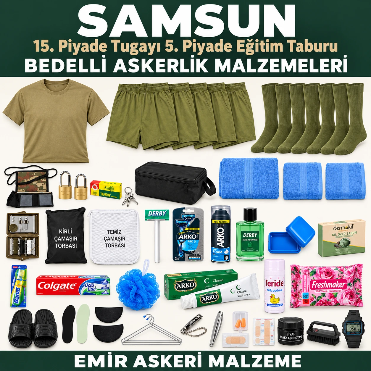Samsun — 15. Piyade Tugayı 5. Piyade Eğitim Taburu için iç giyim, havlu, terlik, tabanlık, kilit ve bakım ürünleri